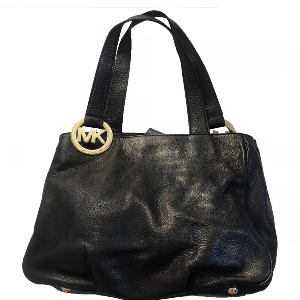 Michael Kors Leather Fulton East West Gold Logo Black Tote Handbag